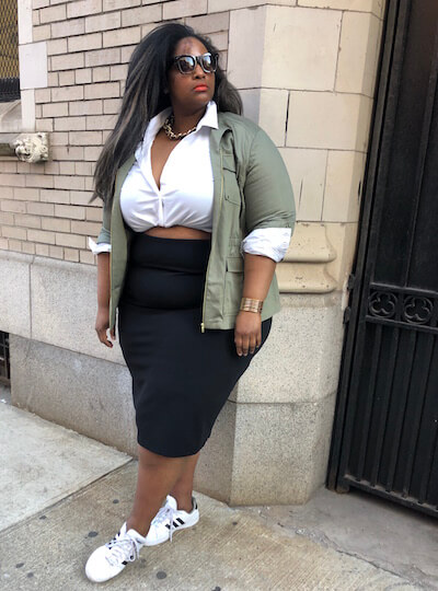 Lauren in an edgy outfit featuring a white button-down.