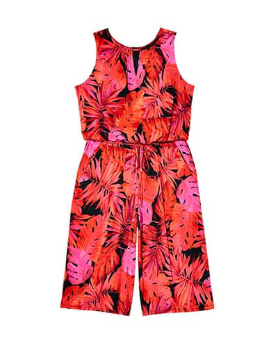 red and pink jumpsuit