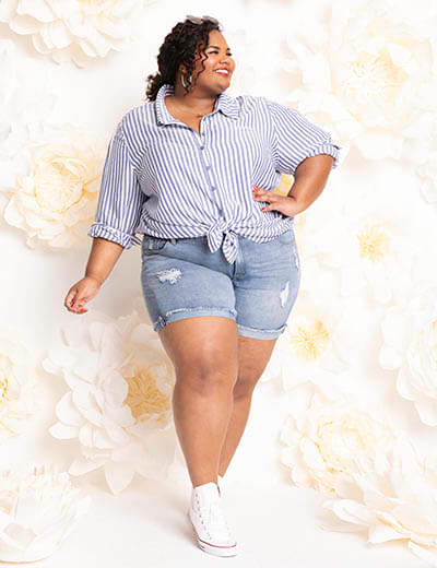 plus-size spring style bbq baseball game striped button up denim cutoffs