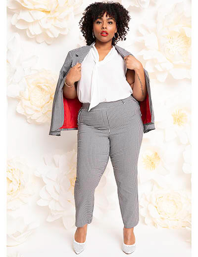 plus-size spring style interview presentation gingham suit white tie neck blouse