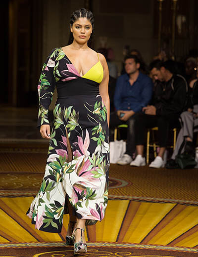 plus size model on the runway spring 2019 scarf prints dress