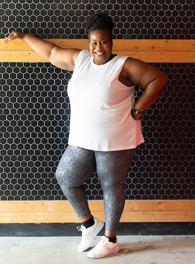 Terri Smith in a plus-size activewear outfit.