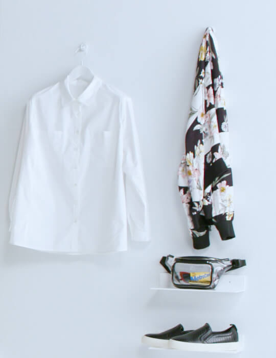 plus-size button-up printed bomber jacket black and white slip-ons