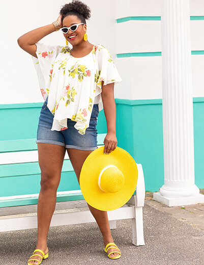 plus size floral waterfall top and denim shorts yellow accessories