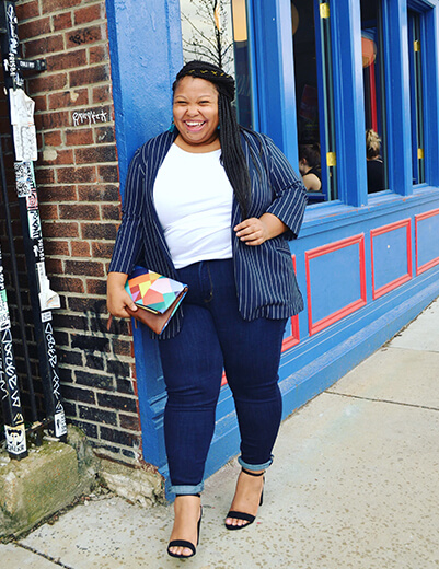 dressing for your age plus-size pinstripe blazer white tee cuffed denim