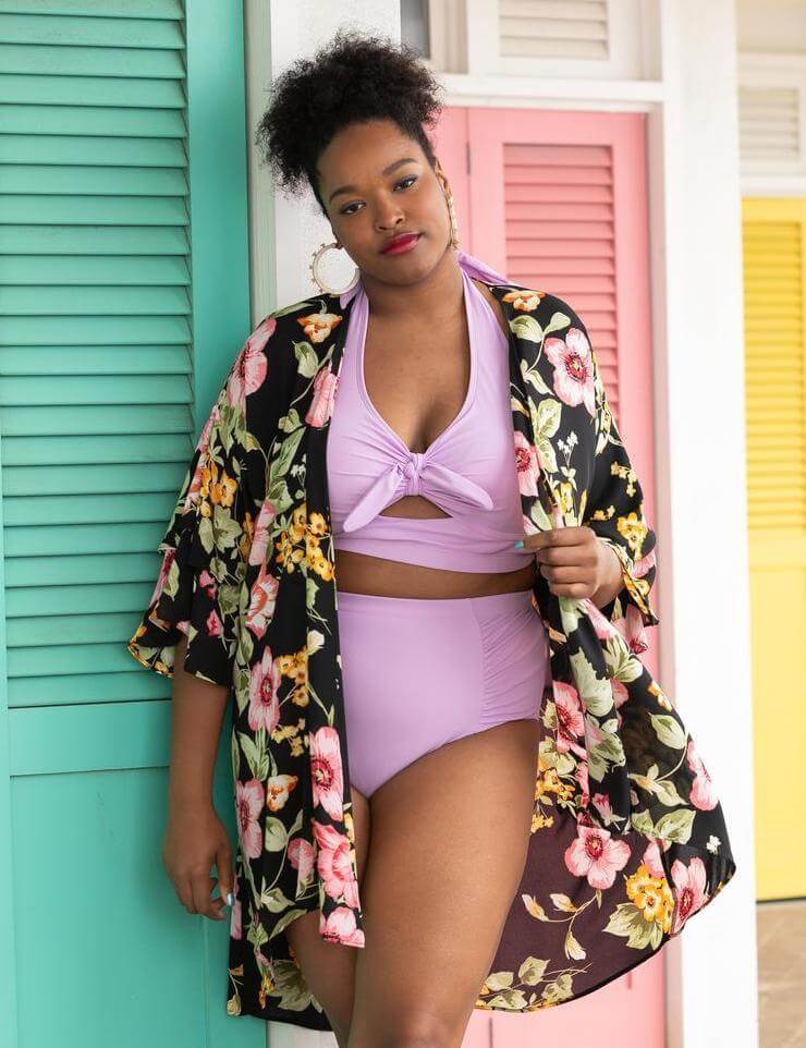 plus size lavender bikini with floral kimono