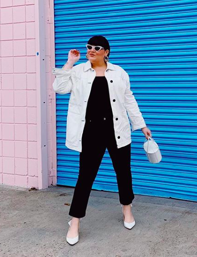 plus size lgbtq influencers nicolette mason white jacket all black outfit