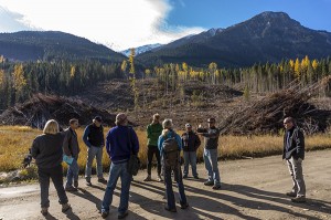 Grant Neville, RPF, discusses aspects of clear cut block on Forestry Field Trip with Canfor, to Horsethief drainage.