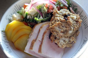 Colchef salad compose of roast gold beet, sugar peas,cucumber,tomato,cucumber in lemon basil mayo - chevre almond dried cranberry scone