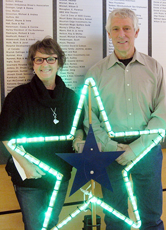 EKFH Executive Director Donna Grainger accepts a gift in honour of Henry and Josephine Gay from son Rob, who is also RDEK Electoral Area C Director and regional board chair.