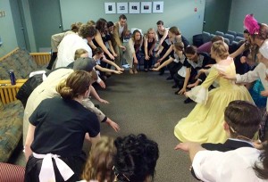 Beth leading the cast of Drowsy Chaperone in a cheer (Photo credit: Julian Bueckert)