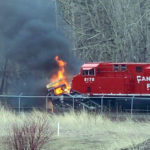 Stalled semi hit by train in Sparwood