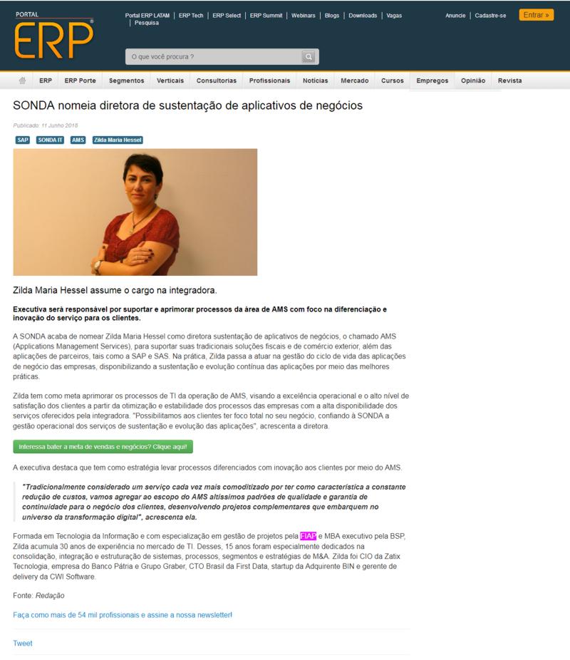 Portal ERP Not cias SONDA NOMEIA DIRETORA DE SUSTENTA O DE