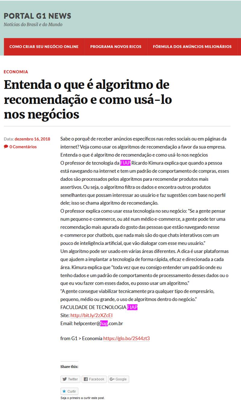 Blog G1 news Matéria (ENTENDA O QUE É ALGORITMO DE E