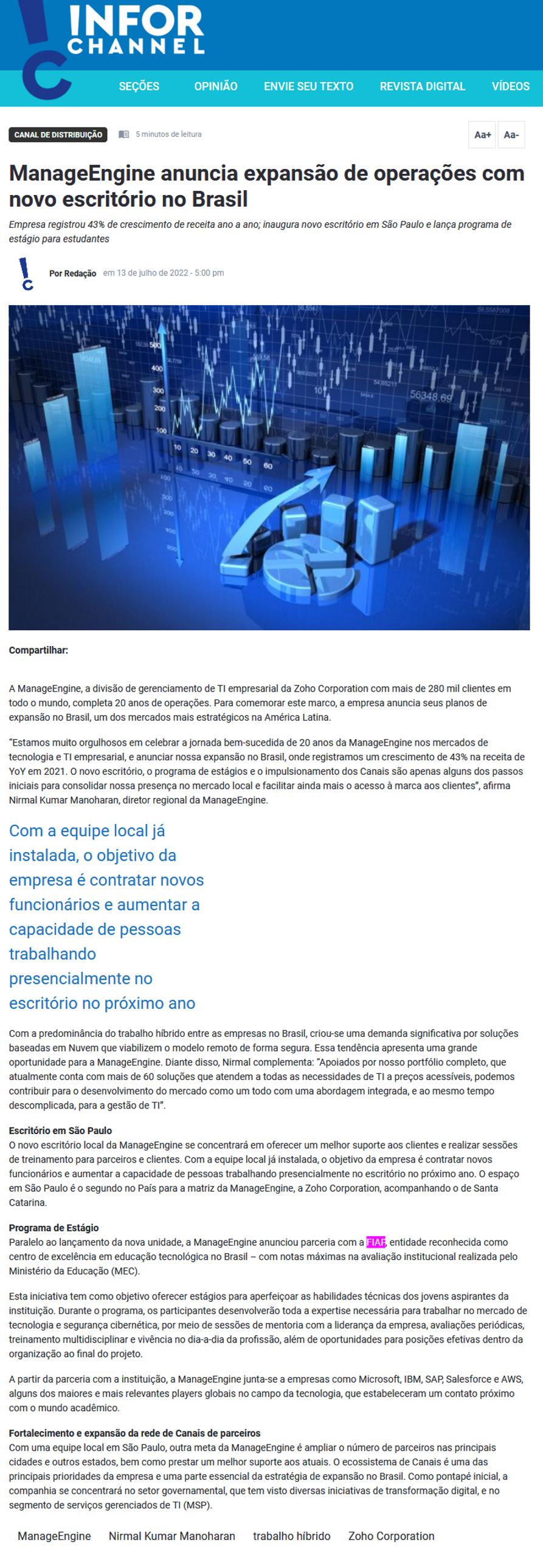 Infor Channel – NOTÍCIAS (MANAGEENGINE ANUNCIA EXPANSÃO DE OPERAÇÕES ...