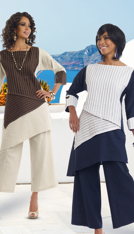 Lisa Rene 3319 ( 2pc Linen Ladies Tunic And Pant Set With Layered, Two Tone Pin Strip Pattern On Top )