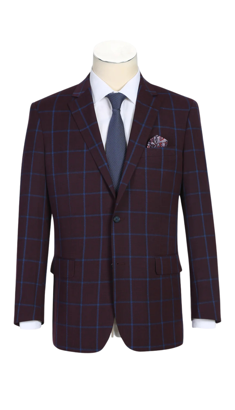 294-6 Men's Slim Fit Two Button Burgundy with Blue Check Blazer Sportcoat