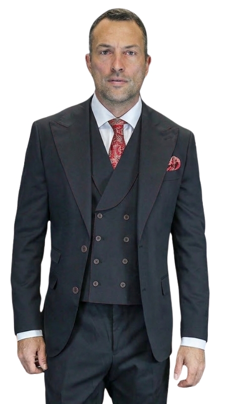 Statement TIVOLI-BLACK-RED STITCHING-3PC Mens Suit