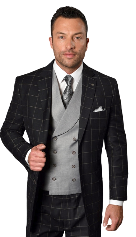 Statement LUCCA- BLK-GREY-3PC Mens Suit