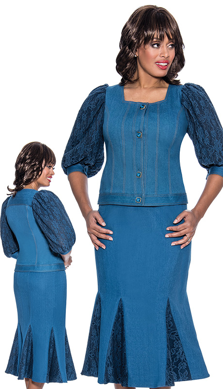 denim church skirt suit outfit