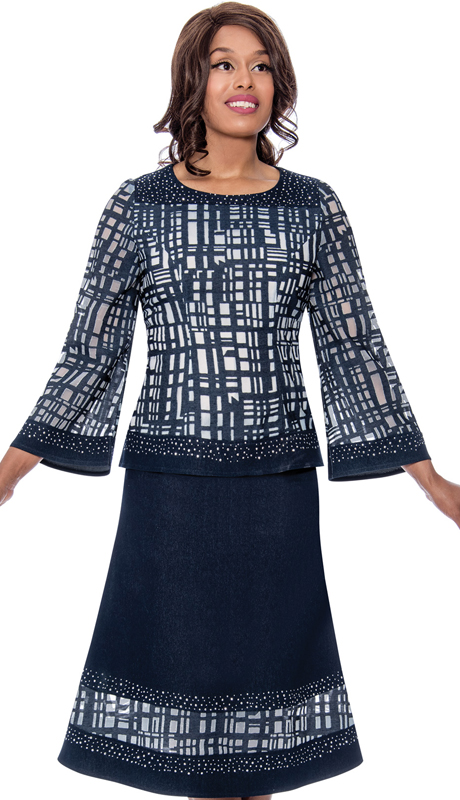 denim church skirt suit outfit