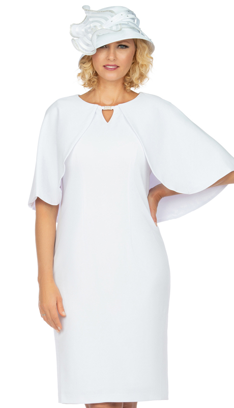 Giovanna D1482-WH ( 2pc PeachSkin Ladies Dress With Bat-Wing Cape )-Hat Giovanna D1482-WH ( 2pc PeachSkin Ladies Dress With Bat-Wing Cape )-Hat