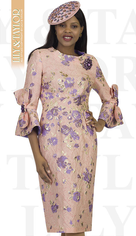 Lily And Taylor 4476-LA ( 1pc Novelty Womens Church Dress With Embroidery Pattern And Bow Tie Flared Sleeves )-Hat Lily And Taylor 4476-LA ( 1pc Novelty Womens Church Dress With Embroidery Pattern And Bow Tie Flared Sleeves )-Hat