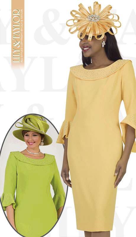 Lily And Taylor 4524-YE ( 1pc Crepe Womans Church Dress With Tulip Sleeves And Jeweled Trim )-Hat Lily And Taylor 4524-YE ( 1pc Crepe Womans Church Dress With Tulip Sleeves And Jeweled Trim )-Hat