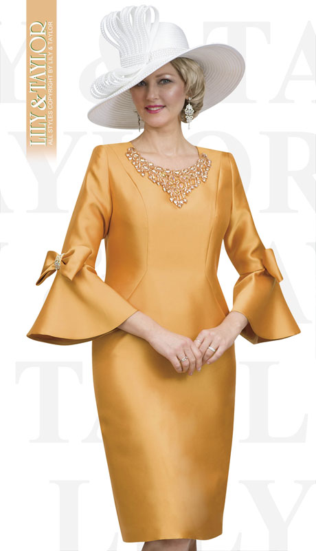 Lily And Taylor 4540-HO ( 1pc Silk Ladies Church Dress With Bow Bell Sleeves And Rhinestone Collar )-Hat Lily And Taylor 4540-HO ( 1pc Silk Ladies Church Dress With Bow Bell Sleeves And Rhinestone Collar )-Hat