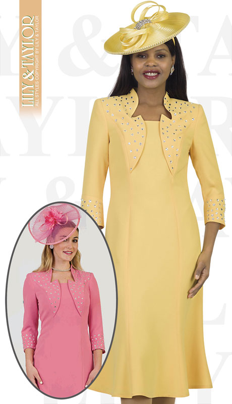 Lily And Taylor 4502-YE ( 1pc Crepe Womans Church Dress With  Jeweled Trim Sleeves And Collar )-Hat Lily And Taylor 4502-YE ( 1pc Crepe Womans Church Dress With  Jeweled Trim Sleeves And Collar )-Hat
