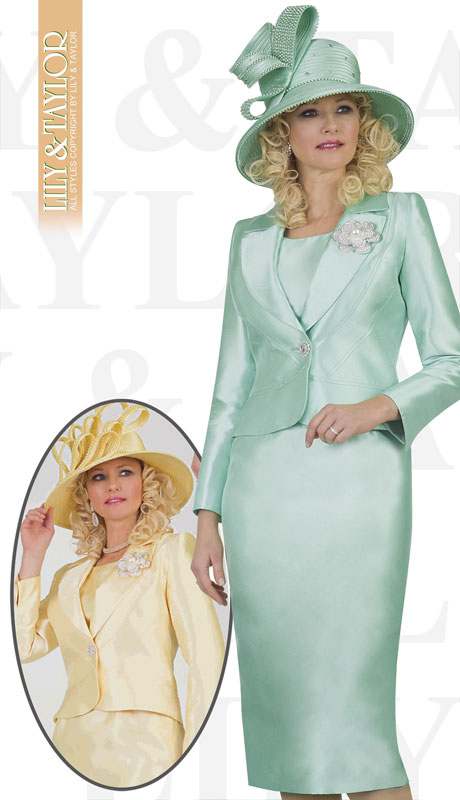 Lily And Taylor 4542-MI ( 3pc Silk Ladies Church Suit With Emboidered Design And Brooch )-Hat Lily And Taylor 4542-MI ( 3pc Silk Ladies Church Suit With Emboidered Design And Brooch )-Hat