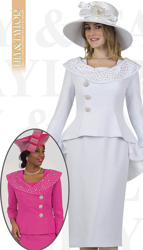 Lily And Taylor 4539-WH ( 2pc Novelty Crepe Church Suit With Rhinestones And Offset Buttons )-Hat Lily And Taylor 4539-WH ( 2pc Novelty Crepe Church Suit With Rhinestones And Offset Buttons )-Hat