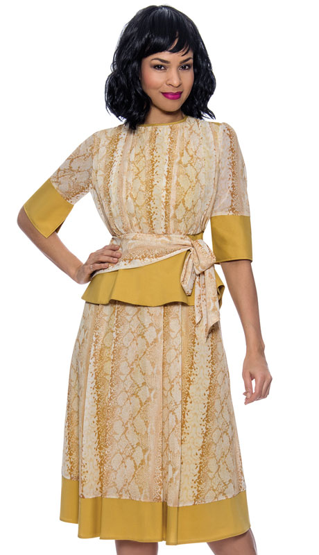 Terramina 7909-GO ( 1pc Womans Dress With Solid Trims And Sash Belt )