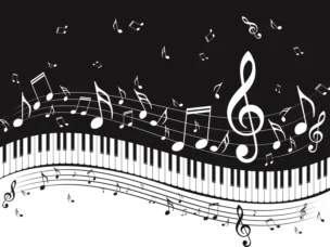 A piano keyboard with black and white musical notes, clefs, and staffs floating above and around it on a black background.