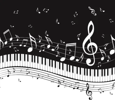 A piano keyboard with black and white musical notes, clefs, and staffs floating above and around it on a black background.