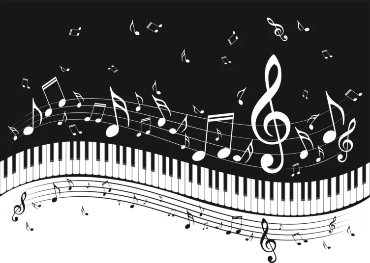 A piano keyboard with black and white musical notes, clefs, and staffs floating above and around it on a black background.
