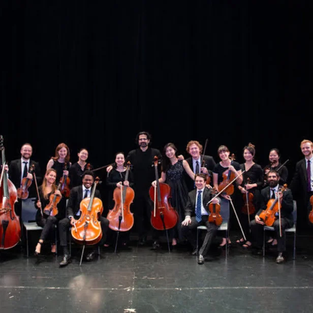Group of musicians in formal attire holding string instruments, including violins, violas, cellos, and double basses, on a stage with a dark backdrop.