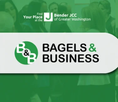 Collage of a networking event titled "Bagels & Business" with people mingling and a buffet table. Hosted by Bender JCC of Greater Washington, NFP, and The Meltzer Group.