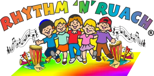 Five cartoon children with their arms around one another surrounded by musical instruments. The words "Rhythm 'n' Raunch" are at the top.
