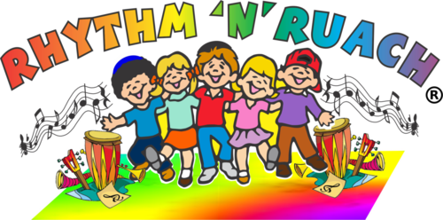 Five cartoon children with their arms around one another surrounded by musical instruments. The words "Rhythm 'n' Raunch" are at the top.