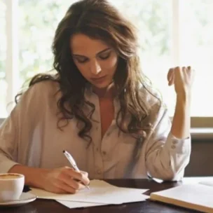 Woman at a table with a cup of coffee and notebook writing on a piece of paper.