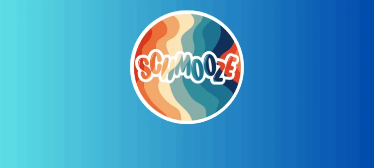 A circular rainbow logo with the word "schmooze" in the middle.