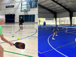 People on courts playing pickleball.