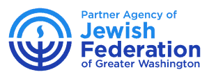 A light blue and dark blue illustration of a candle inside two circles. To the left reads "Partner Agency of Jewish Federation of Greater Washington" in dark and light blue font.