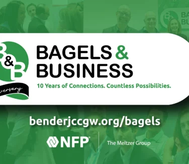 Graphic for Bagels & Business 10th Anniversary event at benderjccgw.org/bagels, sponsored by NFP and The Meltzer Group.