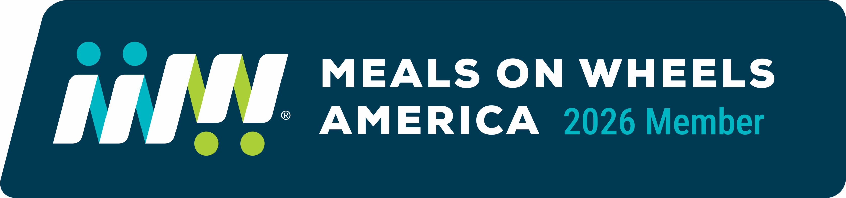 Meals on Wheels America 2026 Member badge featuring the organization's logo and name on a dark blue background.