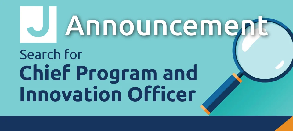 Graphic with text: "Announcement. Search for Chief Program and Innovation Officer," next to a large magnifying glass illustration.