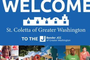 Blue welcome banner for St. Coletta of Greater Washington at Bender JCC, with photos of diverse people and the building at the bottom.