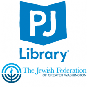 PJ Library logo above The Jewish Federation of Greater Washington logo, featuring blue and white text and graphic elements.