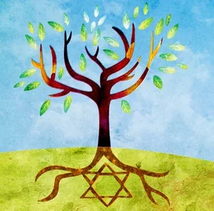 Illustration of a tree with colorful branches and green leaves on a grassy hill, featuring a Star of David among the tree’s roots against a blue sky background.